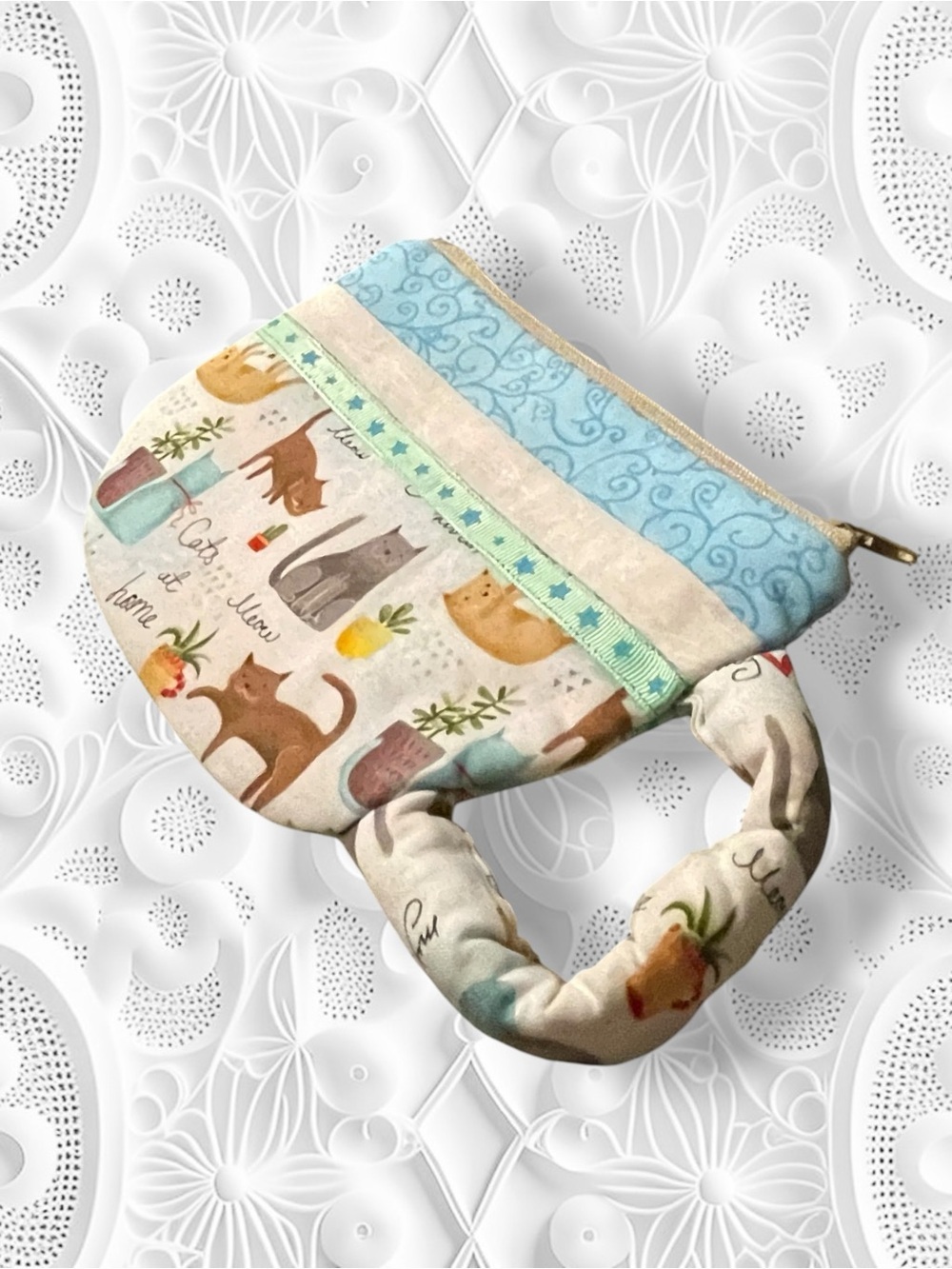 Teacup Pouch Cat Print Quilted Pouch in Blue and Cream